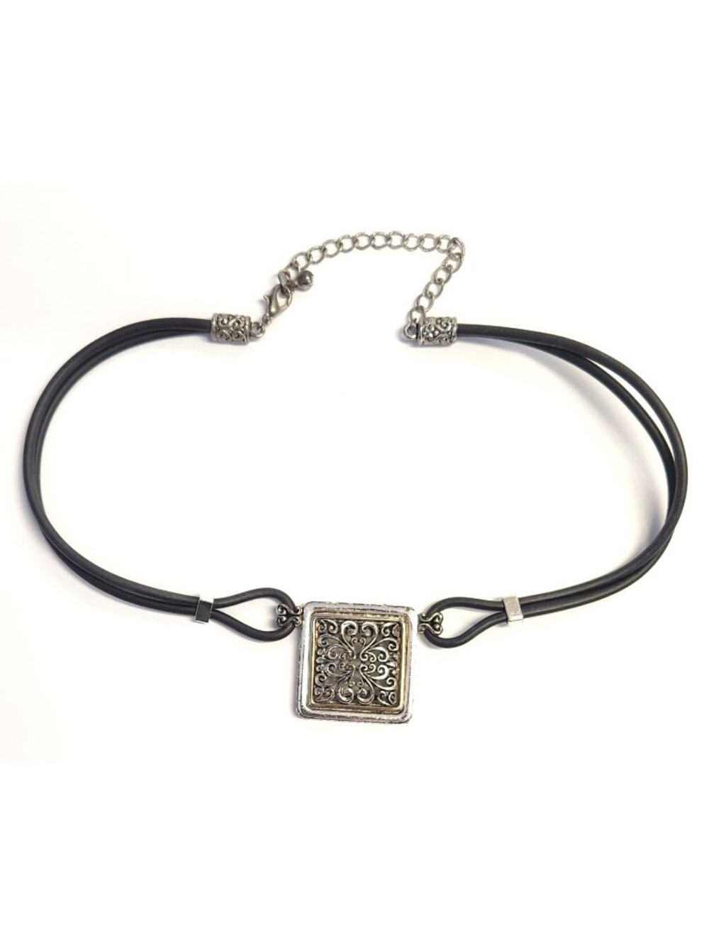Black Cord Necklace With Ornate Silver-Tone Square Pendant & Adjustable Chain